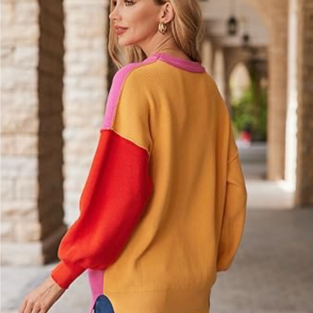Colorblock Pink, Yellow, and Red Sweater balloon sleeve